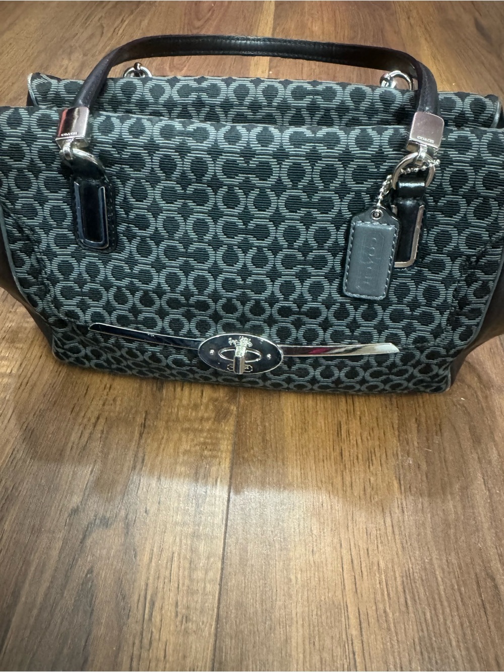 Coach Madison Madeline 25215 Op Art Needlepoint Black Gray Satchel Teal Lining